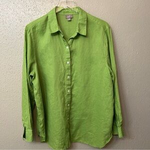 J. Jill Green Linen Long Sleeve Button Down Shirt Blouse Large